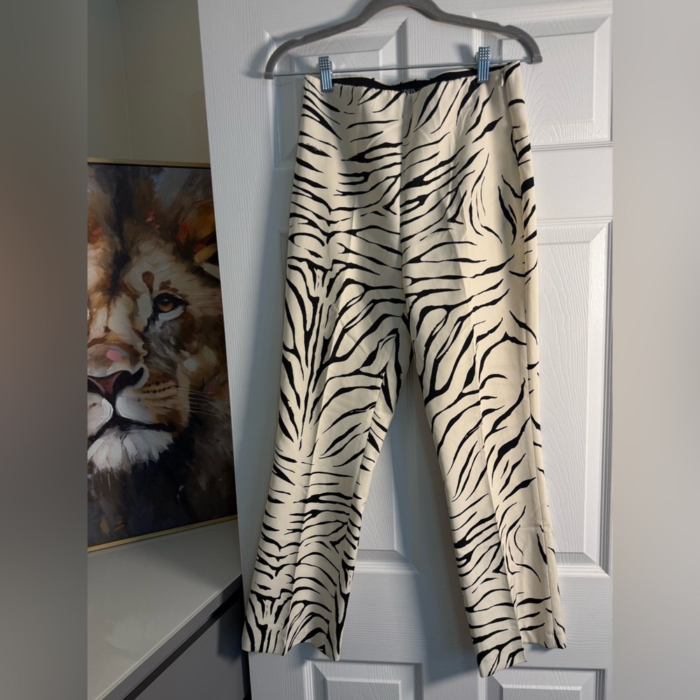 Zara Cream and Black Zebra-Print Straight Pants